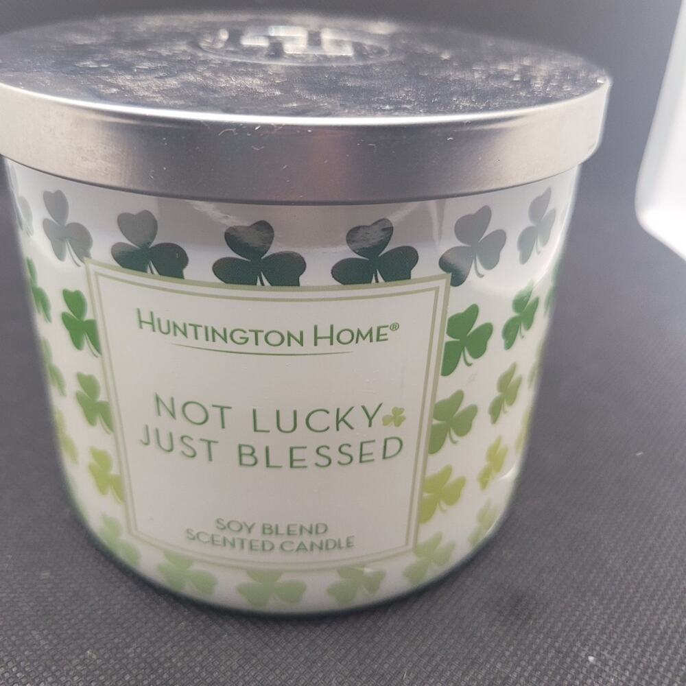 Huntington Home Not Lucky Just Blessed Candle 14oz Coastal Sea Spray Clover Deco